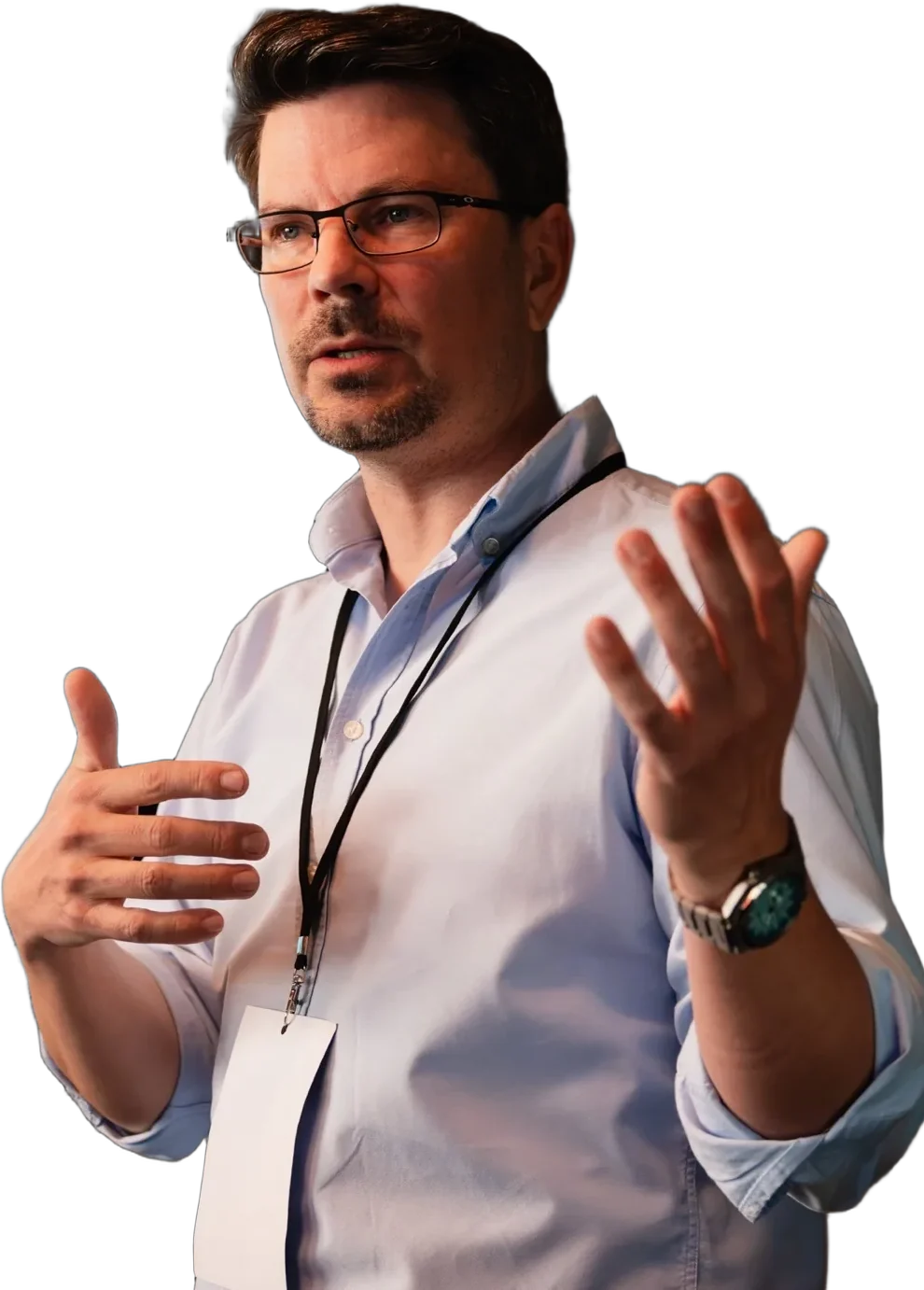 Florian Fürst speaking at Berlin AI Day 2026 in front of a screen showing the fuerst.ai logo