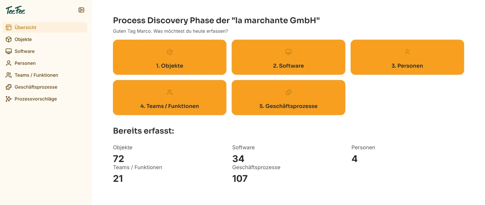 Startseite des Prozessportals von la marchante: Kacheln zum Erfassen von Objekten, Software, Personen, Teams und Geschäftsprozessen, darunter der Stand: 72 Objekte, 34 Software, 4 Personen, 21 Teams und Funktionen, 107 Geschäftsprozesse