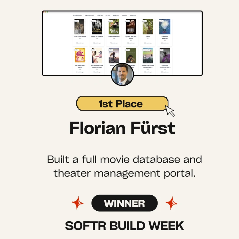 Sieger-Grafik von Softr: 1. Platz Softr Build Week 2025 für Florian Fürst